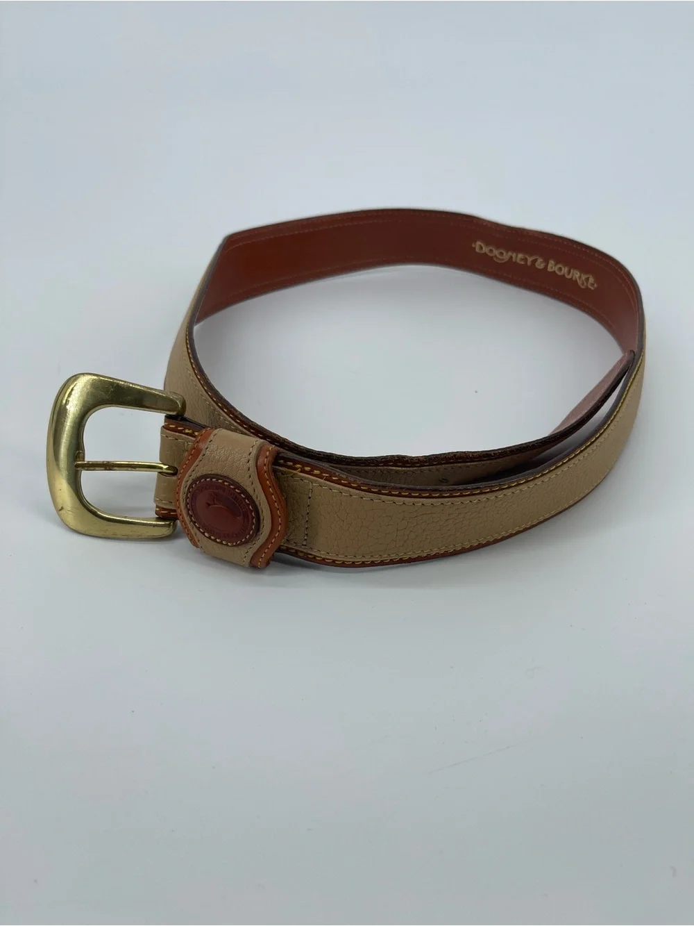 Dooney & Bourke Tan and Brown Leather Men's Belt with Brass Buckle Made in USA